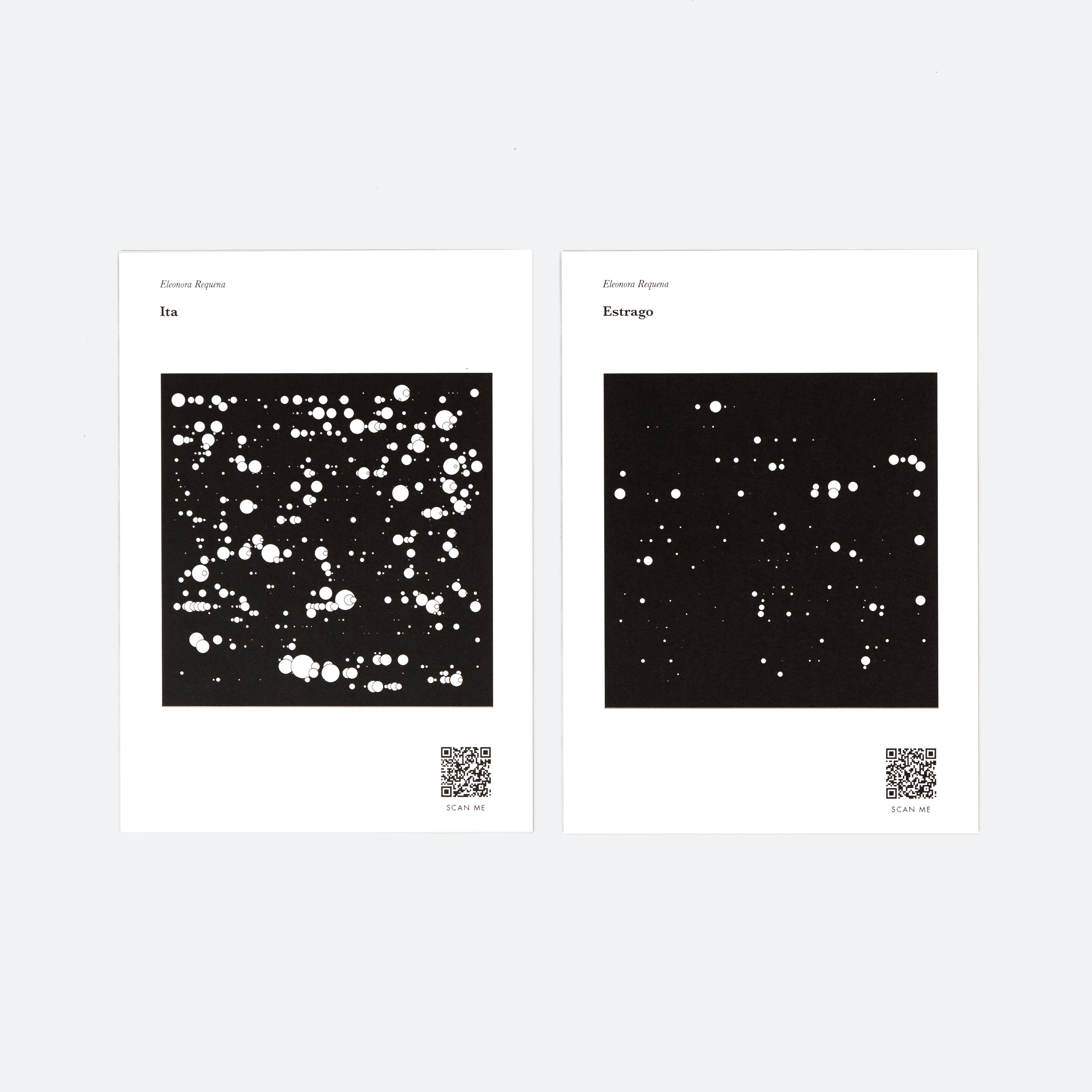 Two postcards with abstract art of white dots on black backgrounds, each with a QR code in the corner.